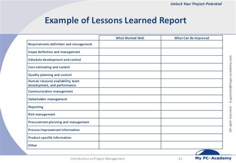 lessons learned report template prince2